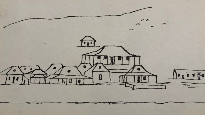 A line drawing of the original Pompallier Mission site and other buildings in Russell by Edward Ashworth in 1844