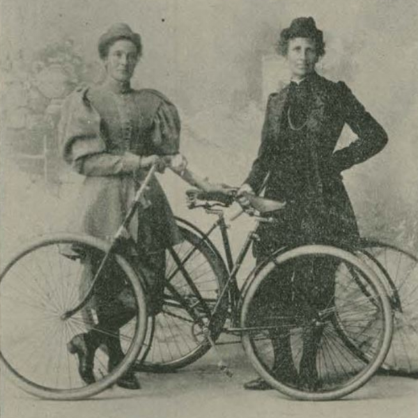 Photographs of women with bicycles in late nineteenth century. 