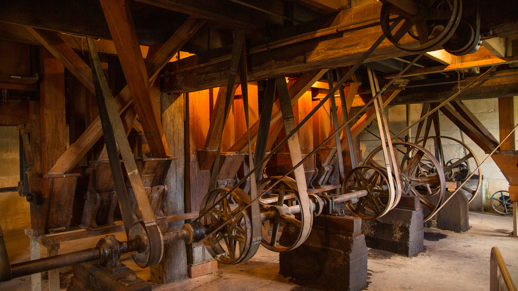 Wheels, pullies and belts in the machinery at Clarks Mill