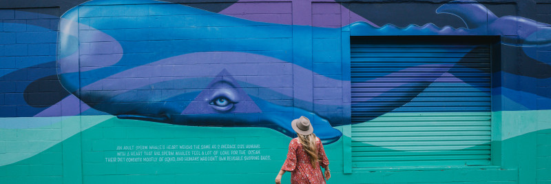 Street Art of a whale by Kelly Spencer with woman walking in front