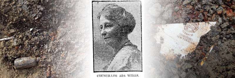 Portrait of Ada Wells with archaelogical dig artefacts behind